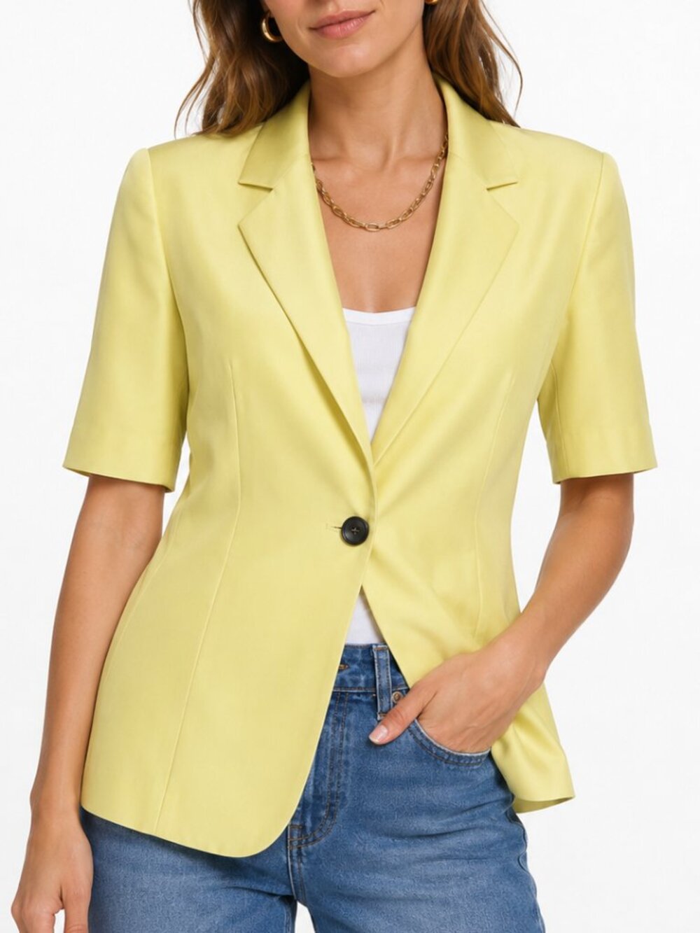 Annie Griffin 100% Silk Citron Chartreuse Tailored Blazer Short Sleeve XS